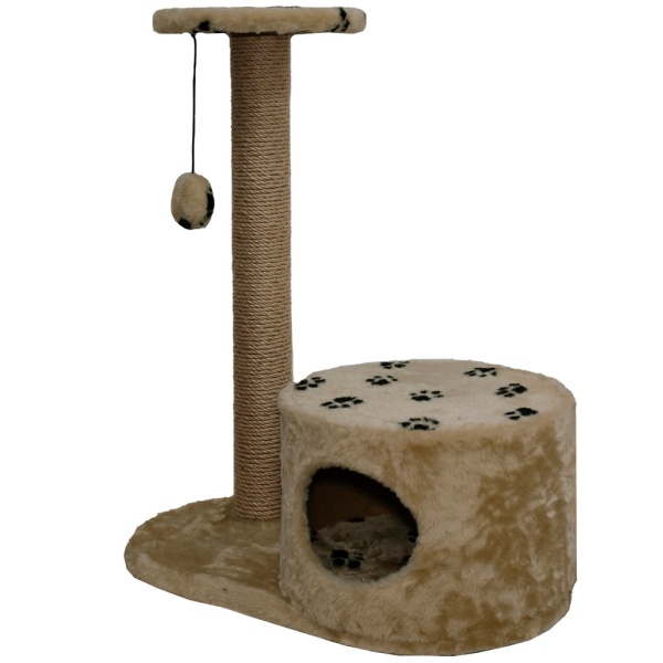 Когтеточка домик с полкой на основании круглая мех джут коричневый с игрушкой 37*68*80см/DONBARON