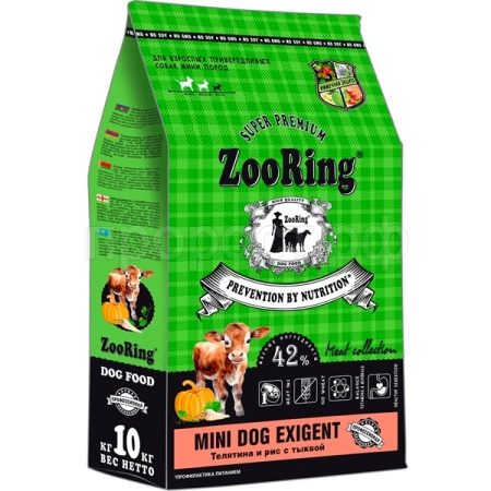 Собаки ZooRing Mini Exigent телятина/рис/тыква д/взр.собак мини пород 10кг/316193